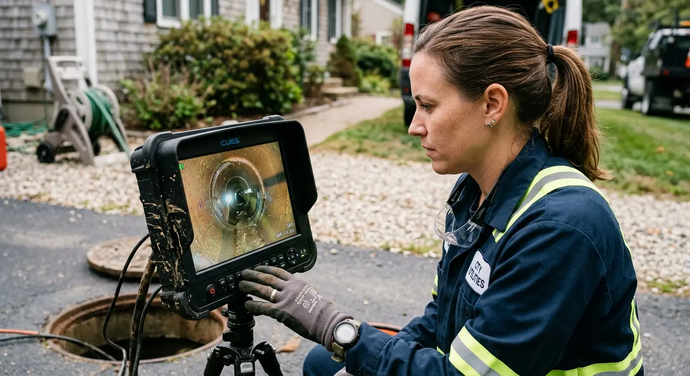 Technician reviewing sewer camera inspection footage in Marlborough