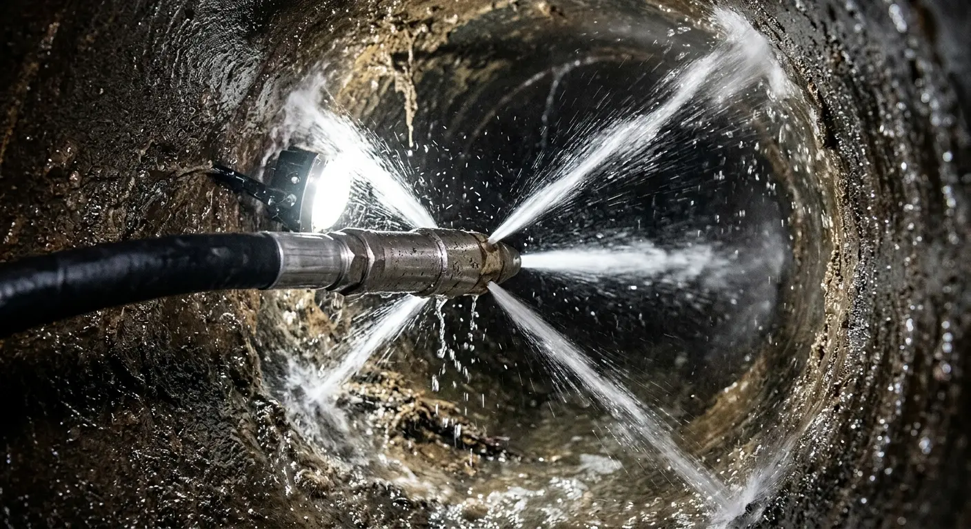High-pressure hydro jetting nozzle cleaning sewer pipe for Trenchless Sewer Repair in Marlborough
