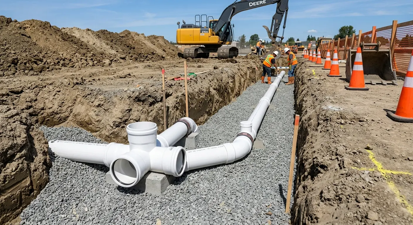 New PVC sewer pipe installation in open trench for Sewer Backup in Marlborough