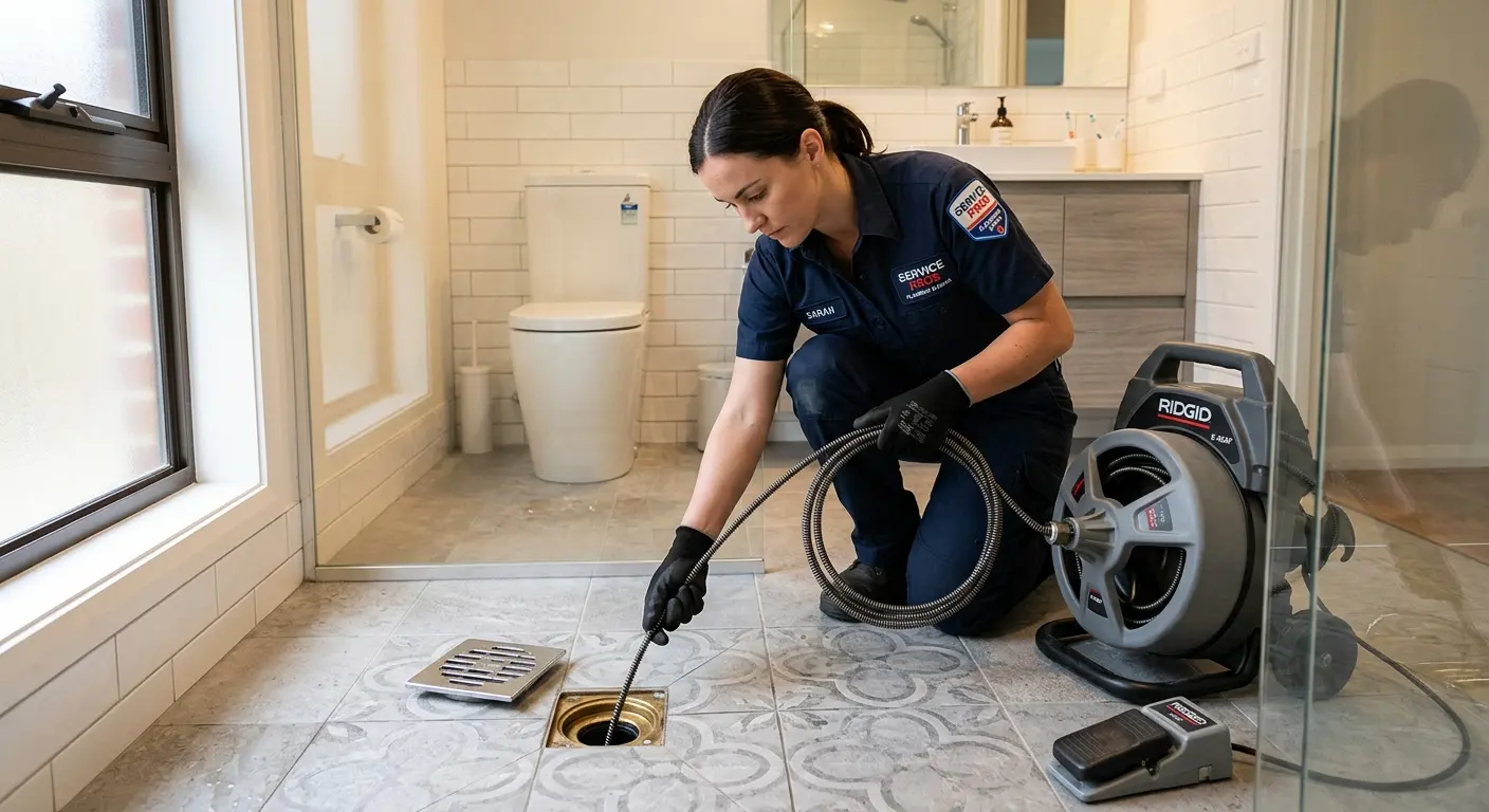 Technician clearing a bathroom floor drain for Sewer Line Replacement in Marlborough